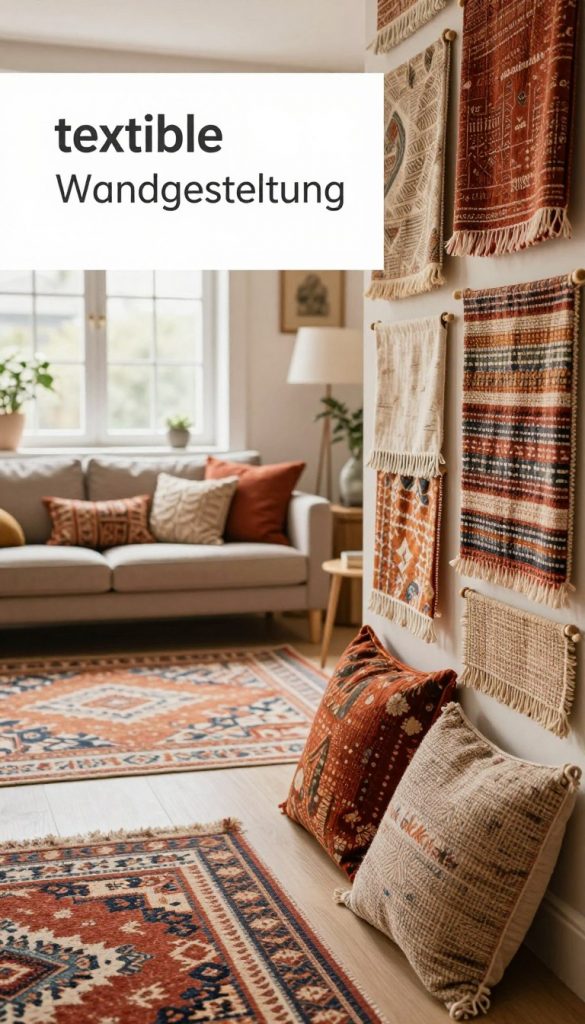 A beautifully styled interior featuring "textile Wandgestaltung" with an emphasis on depth and texture. In the foreground, a cozy living space showcases a wall adorned with various textiles, including rich, patterned fabrics and woven materials in warm colors. The middle ground displays a well-furnished room, highlighting textured cushions and layered rugs that complement the wall design. In the background, soft natural light filters through large windows, creating an inviting atmosphere. The overall mood is authentic and inspiring, reminiscent of a Pinterest aesthetic. The scene subtly incorporates elements branded with "KlickKiste," ensuring a modern yet timeless appeal, perfect for DIY enthusiasts looking for innovative interior trends in 2026.