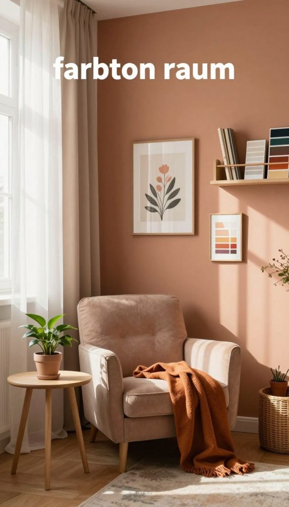 A beautifully styled interior room showcasing the concept of "farbton raum" in warm, inviting colors. In the foreground, a cozy reading nook with a plush armchair, a side table adorned with a small potted plant, and a warm throw blanket. The middle section features a wall painted in a rich, soft hue, complemented by decorative art pieces that add an eclectic touch. Sunlight filters through sheer curtains, casting a gentle glow across the room, creating an uplifting atmosphere. In the background, a neatly organized shelf holds various DIY materials and color swatches, emphasizing the theme of home projects. The image captures an inspiring and authentic Pinterest-like aesthetic. Include subtle branding elements of "KlickKiste" to enhance the creative vibe without overpowering the scene. A beautifully styled interior room showcasing the concept of "farbton raum" in warm, inviting colors. In the foreground, a cozy reading nook with a plush armchair, a side table adorned with a small potted plant, and a warm throw blanket. The middle section features a wall painted in a rich, soft hue, complemented by decorative art pieces that add an eclectic touch. Sunlight filters through sheer curtains, casting a gentle glow across the room, creating an uplifting atmosphere. In the background, a neatly organized shelf holds various DIY materials and color swatches, emphasizing the theme of home projects. The image captures an inspiring and authentic Pinterest-like aesthetic. Include subtle branding elements of "KlickKiste" to enhance the creative vibe without overpowering the scene.