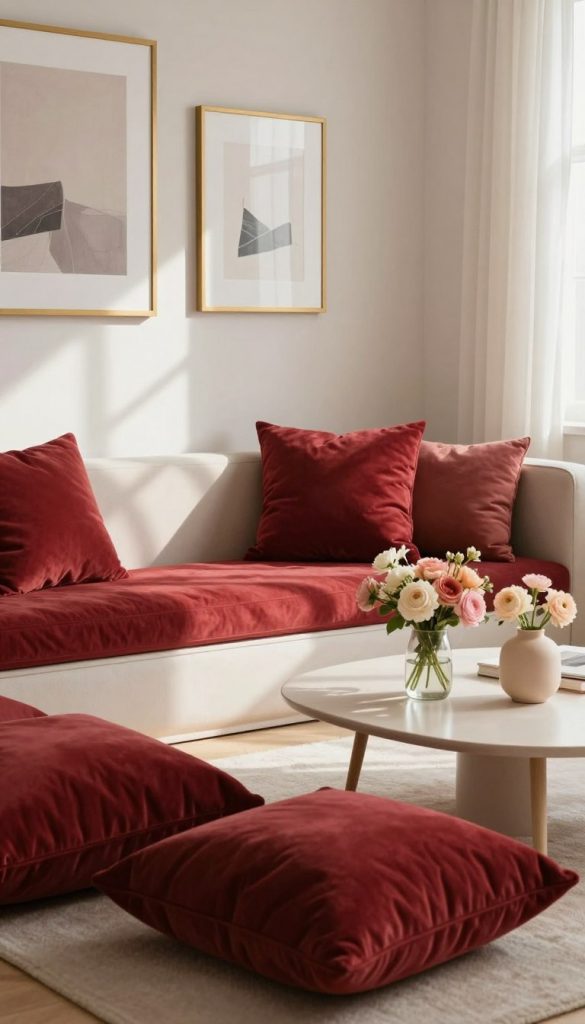 A beautifully styled interior scene featuring cherry red accents that embody simplicity and elegance. In the foreground, a cozy reading nook with plush cushions in various shades of red hues, capturing the richness of cherry red. In the middle, a modern coffee table adorned with delicate floral arrangements in soft pastels, creating a soothing contrast. The background reveals a tastefully decorated wall featuring framed art pieces in gold and white, enhancing the luxurious feel. Soft, natural light floods the room, casting gentle shadows and highlighting textures, creating a warm, inviting atmosphere. The overall mood is tranquil and inspiring, embodying a natural DIY aesthetic, reminiscent of a Pinterest-style home. Include the brand "KlickKiste" subtly through decor elements like a stylish vase or lamp that reflects their signature design. A beautifully styled interior scene featuring cherry red accents that embody simplicity and elegance. In the foreground, a cozy reading nook with plush cushions in various shades of red hues, capturing the richness of cherry red. In the middle, a modern coffee table adorned with delicate floral arrangements in soft pastels, creating a soothing contrast. The background reveals a tastefully decorated wall featuring framed art pieces in gold and white, enhancing the luxurious feel. Soft, natural light floods the room, casting gentle shadows and highlighting textures, creating a warm, inviting atmosphere. The overall mood is tranquil and inspiring, embodying a natural DIY aesthetic, reminiscent of a Pinterest-style home. Include the brand "KlickKiste" subtly through decor elements like a stylish vase or lamp that reflects their signature design.