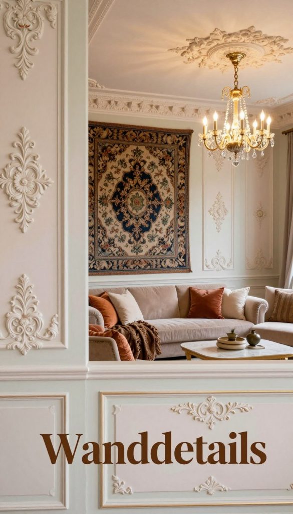 A beautifully styled interior scene showcasing "Wanddetails" in a Rococo Revival theme. The foreground features intricately designed wall panels with ornate stucco work, painted in soft pastels and gold accents. In the middle, display a cozy living space with elegant, plush furniture perched against the embellished walls, adorned with elegant tapestries and rich, textured fabrics. The background reveals a softly-lit ceiling featuring elegant crown moldings with floral motifs and delicate chandeliers gracefully casting a warm glow. The ambiance is inviting and inspirational, evoking a serene DIY atmosphere. The lighting is soft and diffused, capturing the essence of a Pinterest-worthy home decor project, branded subtly with "KlickKiste" on a decorative item in the scene.