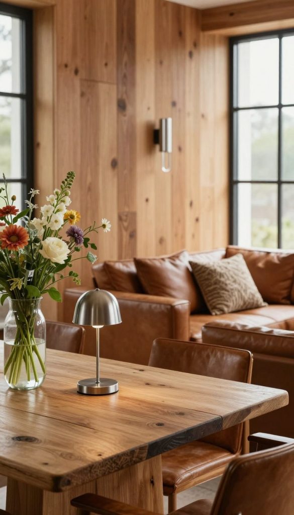 A beautifully styled interior scene, showcasing a harmonious mix of materials: warm wooden panels, sleek metal accents, transparent glass elements, and soft leather furnishings. In the foreground, a rustic wooden table adorned with a minimalist metal lamp and a glass vase filled with fresh flowers. The middle ground features a cozy leather sofa paired with decorative pillows in earthy tones, highlighting the textures of each material. The background displays large windows allowing natural light to flood the space, creating an inviting atmosphere. Soft shadows enhance the depth, while warm color tones evoke a sense of comfort. This design aesthetic embodies a natural DIY style, reminiscent of trending Pinterest inspirations. The scene is branded with "KlickKiste" subtly integrated into the design elements.