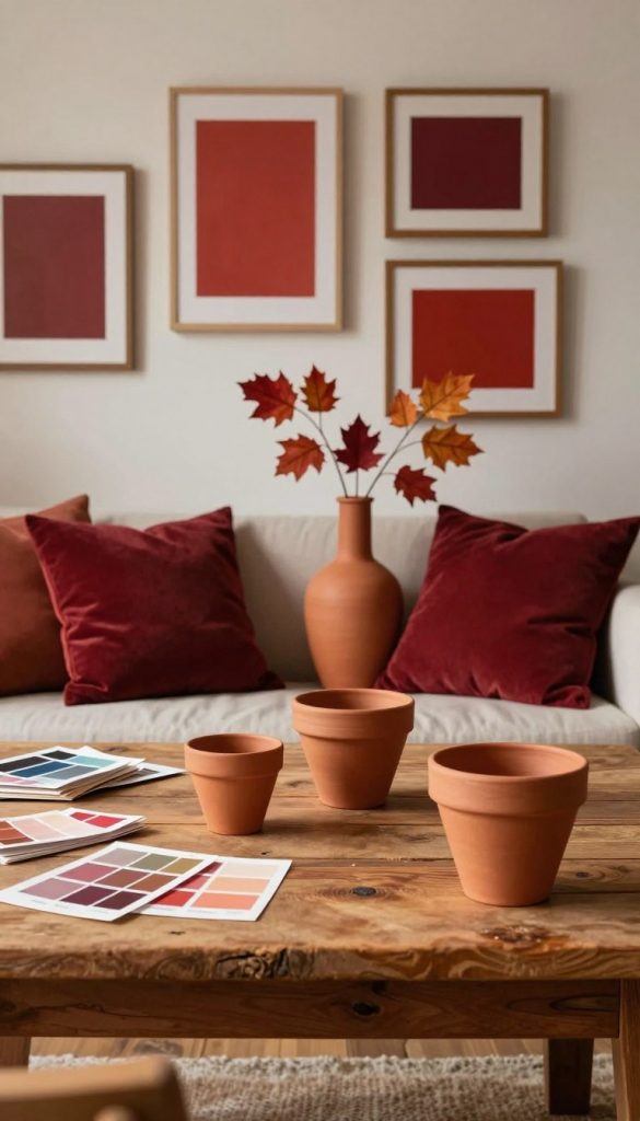 A beautifully styled interior scene showcasing a variety of red tones, from warm terracotta to deep burgundy, arranged harmoniously. In the foreground, a rustic wooden table features DIY project materials, like paint swatches and handcrafted terracotta pots. The middle ground displays cozy elements such as plush cushions in diverse shades of red, and a stylish terracotta vase filled with autumn leaves. The background features a softly lit wall adorned with framed artwork that highlights different red hues, lending depth to the composition. The atmosphere is warm and inviting, enhanced by soft, natural lighting that creates gentle shadows. Capture this aesthetic in a Pinterest-inspired style, with a touch of authenticity, reflective of the brand 'KlickKiste.' Use a wide-angle lens to emphasize the depth and richness of the color palette.