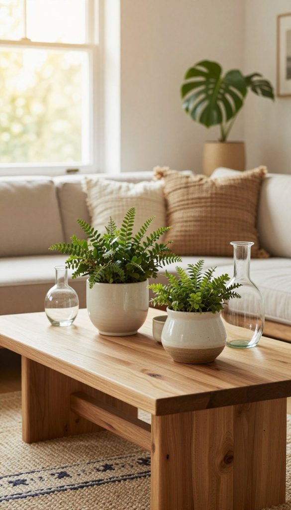 A beautifully styled interior showcasing a harmonious blend of wood, glass, and ceramic materials. In the foreground, a handcrafted wooden table displays artisanal ceramic pots filled with lush greenery, complemented by elegant glass vases. The middle ground features a cozy seating area with natural fiber cushions and a stylish rug, enhancing the inviting atmosphere. In the background, a softly lit window allows warm sunlight to flood the space, highlighting the textures of the materials. The mood is calm and inspiring, evoking a sense of Scandinavian serenity, perfect for a DIY project vibe. This scene embodies the brand "KlickKiste" with its authentic, Pinterest-worthy aesthetic.