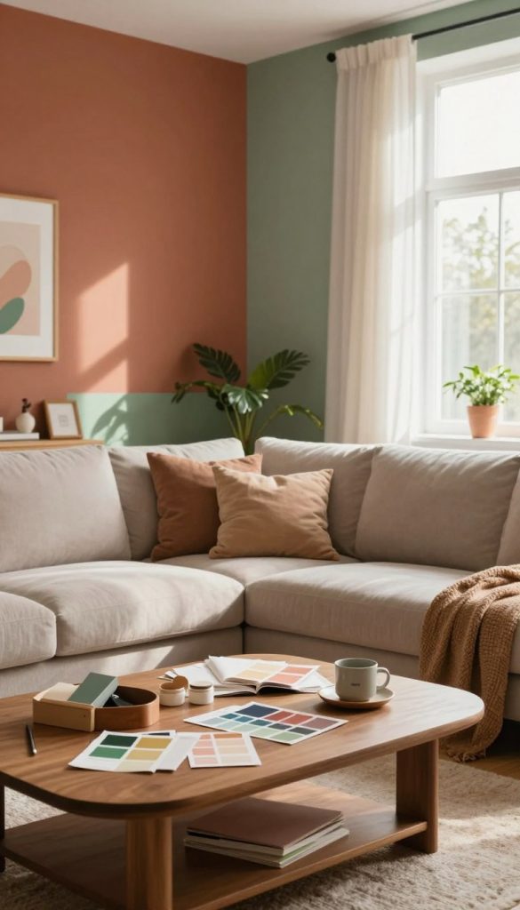 A beautifully styled interior showcasing a harmonious color palette for 2026, featuring warm and inviting shades. In the foreground, a cozy living space with a thoughtfully arranged coffee table adorned with DIY craft materials, showcasing color swatches and paint samples. The middle layer displays a chic accent wall painted in a trending color combination of terracotta and sage green, with a stylish sofa upholstered in soft, neutral fabric. Soft natural light streams through large windows, casting gentle shadows that enhance the atmosphere. In the background, subtle elements of indoor plants add a touch of nature, contributing to an authentic Pinterest-inspired aesthetic. The scene conveys warmth and inspiration, reflecting the brand "KlickKiste" while embodying the spirit of accessible DIY home projects. A beautifully styled interior showcasing a harmonious color palette for 2026, featuring warm and inviting shades. In the foreground, a cozy living space with a thoughtfully arranged coffee table adorned with DIY craft materials, showcasing color swatches and paint samples. The middle layer displays a chic accent wall painted in a trending color combination of terracotta and sage green, with a stylish sofa upholstered in soft, neutral fabric. Soft natural light streams through large windows, casting gentle shadows that enhance the atmosphere. In the background, subtle elements of indoor plants add a touch of nature, contributing to an authentic Pinterest-inspired aesthetic. The scene conveys warmth and inspiration, reflecting the brand "KlickKiste" while embodying the spirit of accessible DIY home projects.