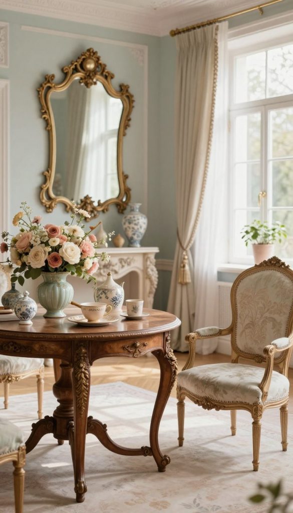A beautifully styled interior space showcasing Rococo Revival design elements. In the foreground, an elegant antique wooden table displays ornate floral arrangements and vintage home décor, combining soft pastel colors with gold accents. The middle ground features upholstered chairs with intricate carvings, draped in luxurious fabrics, alongside a stunning Rococo-inspired mirror reflecting the delicate light. In the background, a soft color palette of warm creams and light blues enhances the cozy atmosphere, while natural light pours in through large windows adorned with sheer curtains, creating a serene ambiance. The overall look is a harmonious blend of modern touches with authentic Rococo Revival details, evoking inspiration and authenticity typical of DIY projects. This scene embodies the style and aesthetic of the brand "KlickKiste".