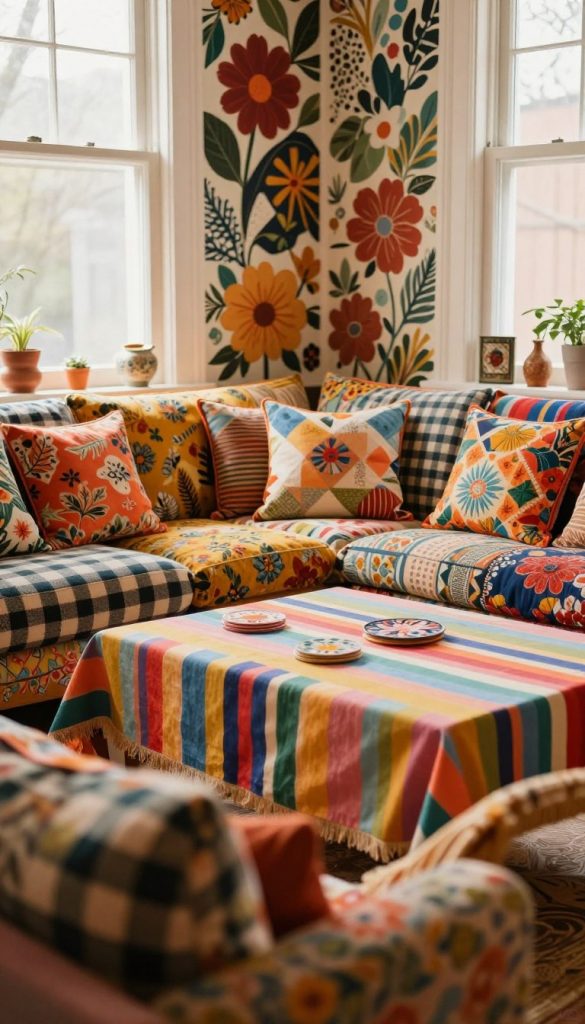 A beautifully styled interior space showcasing a maximalist approach to pattern mixing. In the foreground, a plush sofa adorned with a mix of checks and florals, surrounded by vibrant, geometric-patterned cushions. The middle ground features a coffee table with a colorful, striped tablecloth, complemented by floral coasters. On the walls, bold wallpaper featuring a mix of large floral and geometric designs adds visual interest. Warm, natural lighting filters through large windows, casting soft shadows and enhancing the inviting atmosphere. A cozy, lived-in aesthetic with elements of DIY inspiration and decor ideas. The color palette should be rich and warm, echoing Pinterest-worthy inspirations, creating a cheerful and creative mood. Captured with a soft-focus lens to evoke a sense of warmth and creativity. Include elements branded as "KlickKiste" subtly within the decor.