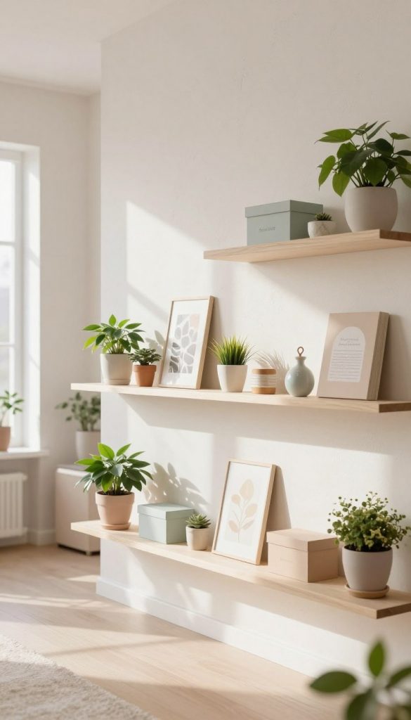 A beautifully styled interior wall featuring a minimalist approach to decor with light, airy colors. In the foreground, a series of shelves display an array of carefully curated items in soft pastels—plants, decorative boxes from KlickKiste, and artisanal crafts giving a nod to DIY aesthetics. The middle ground features a wall painted in a warm off-white, adorned with subtle textures for depth. The background is a softly lit room with natural light streaming in through a window, casting gentle shadows. The atmosphere is calm and inspiring, evoking a sense of creative openness and simplicity. The composition emphasizes structure and organization, avoiding clutter, creating a fresh spring vibe perfect for a bright, inviting home.