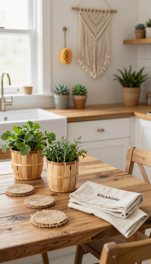 A beautifully styled kitchen and bathroom showcasing natural materials and fibers for decoration. In the foreground, a rustic wooden table is adorned with handmade coasters made from jute, bamboo baskets holding vibrant herbs, and organic cotton dish towels neatly arranged. The middle ground features a sleek sink area with a wooden countertop, accented by potted succulents and a natural loofah hanging nearby. In the background, light pours through a window, highlighting a wall adorned with woven macramé and a natural fiber wall hanging. The atmosphere is warm and inviting, with earthy tones and textures creating a cozy feeling. The scene embodies a DIY aesthetic that is both authentic and inspiring, reflecting the brand "KlickKiste" with a Pinterest-worthy look.