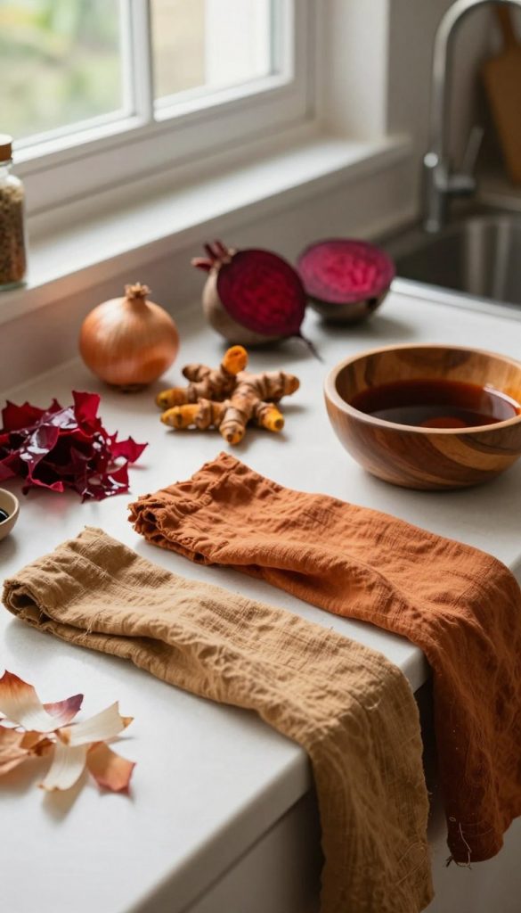 A beautifully styled kitchen countertop displaying a vibrant array of natural ingredients used for dyeing fabrics, such as onion skins, beetroot, and turmeric, set against a backdrop of soft natural light filtering through a window. In the foreground, delicate linen textiles soaked in rich, warm colors are draped artistically, showcasing various shades of earth tones. A wooden bowl containing the remnants of the dyeing process sits nearby, adding a rustic charm. The scene exudes a cozy, inspiring atmosphere, perfect for DIY enthusiasts. The composition is like a Pinterest-worthy inspiration shot, emphasizing sustainability and creativity in home dyeing practices. The image should include subtle branding elements from "KlickKiste" to resonate with the audience's DIY spirit.