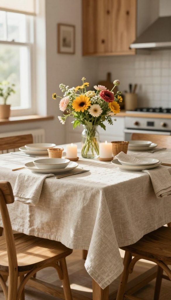 A beautifully styled kitchen dining space featuring linen tablecloths that exude a warm, inviting atmosphere. In the foreground, a rustic wooden dining table is adorned with an elegantly draped, light beige linen tablecloth, complemented by matching linen napkins neatly folded beside simple ceramic dishware. Soft, natural lighting streams in from a nearby window, casting gentle shadows and creating a cozy ambiance. In the middle ground, a vibrant centerpiece of fresh flowers adds a pop of color, while tasteful decorative elements like candles and small woven baskets enhance the DIY aesthetic. The background showcases a softly blurred kitchen with natural wood accents, creating a harmonious and serene environment. This scene encapsulates a warm, Pinterest-inspired DIY look that reflects inspirational home ideas from "KlickKiste".