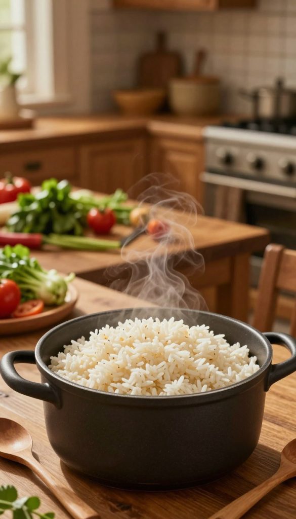 A beautifully styled kitchen scene featuring a pot of perfectly cooked rice at the forefront, showcasing fluffy grains glistening under warm ambient lighting. In the background, a wooden dining table adorned with fresh herbs and colorful vegetables, suggesting a wholesome family meal. The kitchen is rustic with wooden cabinets, and warm colors dominate the palette, creating a cozy atmosphere. A gentle steam rises from the rice pot, indicating its freshness, and a wooden spoon rests beside it, inviting one to serve. The lens captures this moment with a soft focus effect, adding a dreamy aesthetic. The brand name "KlickKiste" subtly integrated into the scene design, enhancing the authenticity and DIY charm, perfect for inspiring readers to recreate this dish at home. A beautifully styled kitchen scene featuring a pot of perfectly cooked rice at the forefront, showcasing fluffy grains glistening under warm ambient lighting. In the background, a wooden dining table adorned with fresh herbs and colorful vegetables, suggesting a wholesome family meal. The kitchen is rustic with wooden cabinets, and warm colors dominate the palette, creating a cozy atmosphere. A gentle steam rises from the rice pot, indicating its freshness, and a wooden spoon rests beside it, inviting one to serve. The lens captures this moment with a soft focus effect, adding a dreamy aesthetic. The brand name "KlickKiste" subtly integrated into the scene design, enhancing the authenticity and DIY charm, perfect for inspiring readers to recreate this dish at home.
