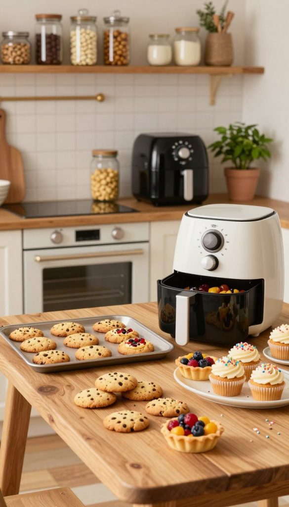 A beautifully styled kitchen scene showcasing a delightful assortment of oven and air fryer desserts, reflecting a child-friendly theme. In the foreground, a rustic wooden table displays a variety of treats, including golden-brown cookies, mini fruit tarts, and soft cupcakes, each decorated with colorful sprinkles. The middle ground features an elegant oven and an air fryer, both in a warm, inviting kitchen setting, complemented by soft, natural lighting that enhances the warmth of the colors. In the background, shelves filled with jars of baking ingredients and a potted plant create an inspiring, Pinterest-worthy atmosphere. The image should evoke a sense of joy and creativity, ideal for family-friendly cooking experiences. Brand logo "KlickKiste" subtly incorporated.