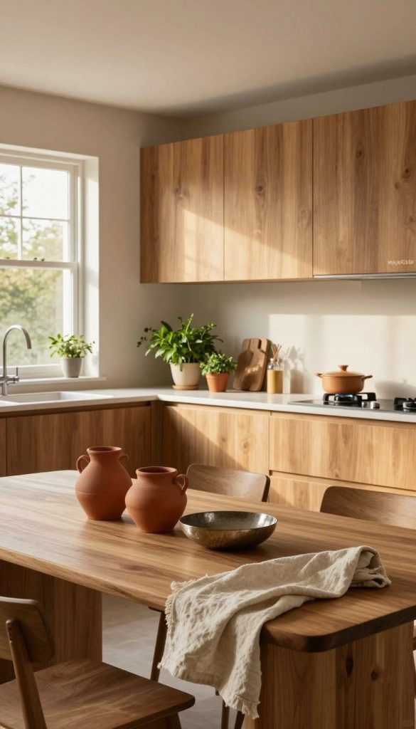 A beautifully styled kitchen scene showcasing modern materials for 2026. In the foreground, display a sleek wooden dining table adorned with earthy clay pots, metallic accents, and natural textiles like linen and cotton. The middle ground features elegant kitchen cabinetry made from sustainable materials, with an inviting display of greenery, such as fresh herbs in small pots. In the background, soft natural light filters through large windows, casting warm, golden tones across the space. Incorporate subtle touches of the brand "KlickKiste" in the decor, emphasizing a Pinterest-worthy, authentic ambiance. The overall mood is serene and inspiring, perfect for the contemporary DIY aesthetic. Use a wide-angle lens effect to capture the entire kitchen layout, ensuring it feels cozy yet stylish.