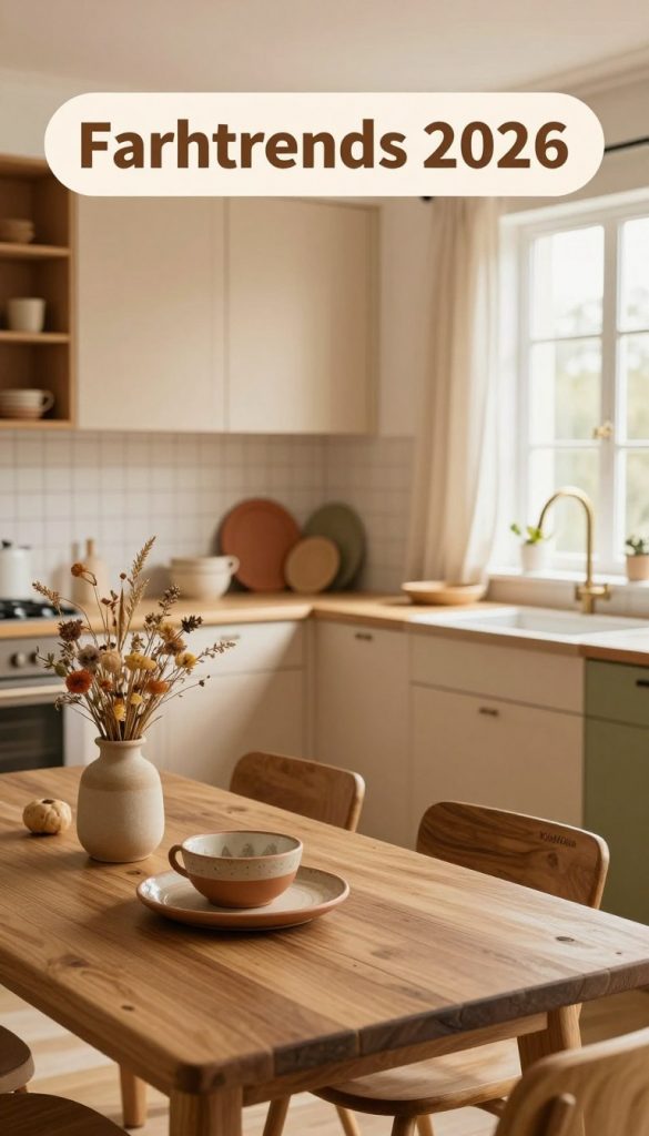 A beautifully styled kitchen scene that embodies the theme of "Farbtrends 2026" with warm natural tones. In the foreground, a rustic wooden table set with handmade pottery in earth tones, featuring a small arrangement of dried wildflowers in a simple vase. The middle ground showcases an inviting kitchen workspace with cabinets painted in soft beige and decorative accents in terracotta and olive green, reflecting a harmonious color palette. In the background, warm, soft lighting illuminates the space through large, airy windows adorned with sheer curtains, giving a cozy, inviting atmosphere. This image captures the essence of modern kitchen decor DIY projects, styled in an authentic, Pinterest-inspired look. Brand name subtly included: "KlickKiste".