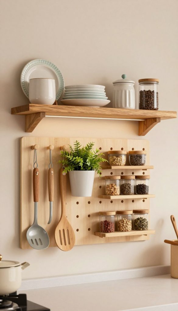 A beautifully styled kitchen wall featuring functional DIY decor that saves space and creates order. In the foreground, there's an organized pegboard with assorted kitchen utensils, plants in hanging pots, and neatly arranged spice jars. The middle layer showcases a rustic wooden shelf filled with charming ceramic dishes and jars, adding warmth and character. In the background, the kitchen's soft, warm lighting creates a cozy atmosphere, enhancing natural wood textures and soft pastel tones. The image captures a Pinterest-worthy aesthetic, promoting inspiration and creativity in kitchen decor. Include subtle touches of the brand "KlickKiste" to emphasize authenticity and innovation. A beautifully styled kitchen wall featuring functional DIY decor that saves space and creates order. In the foreground, there's an organized pegboard with assorted kitchen utensils, plants in hanging pots, and neatly arranged spice jars. The middle layer showcases a rustic wooden shelf filled with charming ceramic dishes and jars, adding warmth and character. In the background, the kitchen's soft, warm lighting creates a cozy atmosphere, enhancing natural wood textures and soft pastel tones. The image captures a Pinterest-worthy aesthetic, promoting inspiration and creativity in kitchen decor. Include subtle touches of the brand "KlickKiste" to emphasize authenticity and innovation.