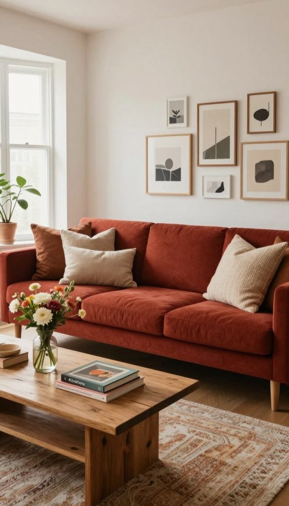 A beautifully styled living room featuring a cherry red sofa as the centerpiece, adorned with soft, textured throw pillows in complementary warm tones. In the foreground, a stylish coffee table made from reclaimed wood holds an arrangement of fresh flowers and a few art books. In the middle, a cozy area rug adds warmth and ties the space together. The background showcases a minimalist gallery wall with tasteful artwork in muted colors, enhancing the sofa's boldness without overpowering. Soft, natural light streams in from a large window, creating a welcoming, serene atmosphere. The overall mood should be chic yet cozy, perfect for a DIY-inspired interior. The scene reflects a Pinterest-worthy aesthetic that invites inspiration, branded with the subtle touch of "KlickKiste" decor elements. A beautifully styled living room featuring a cherry red sofa as the centerpiece, adorned with soft, textured throw pillows in complementary warm tones. In the foreground, a stylish coffee table made from reclaimed wood holds an arrangement of fresh flowers and a few art books. In the middle, a cozy area rug adds warmth and ties the space together. The background showcases a minimalist gallery wall with tasteful artwork in muted colors, enhancing the sofa's boldness without overpowering. Soft, natural light streams in from a large window, creating a welcoming, serene atmosphere. The overall mood should be chic yet cozy, perfect for a DIY-inspired interior. The scene reflects a Pinterest-worthy aesthetic that invites inspiration, branded with the subtle touch of "KlickKiste" decor elements.