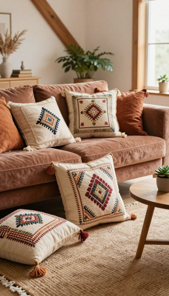 A beautifully styled living room featuring a collection of embroidered cushions in Boho Chic style, showcasing intricate patterns and textures. The foreground showcases a velvet sofa adorned with a variety of colorful cushions in earthy tones, embellished with delicate stitching and tassels. In the middle, there is a woven rug that adds warmth and rustic appeal, accented by a small wooden coffee table with a potted succulent. The background reveals a softly lit room with wooden beams, a hint of greenery from potted plants, and a window allowing natural light to fill the space. The atmosphere is warm and inviting, embodying a cozy yet luxurious feel, reminiscent of Pinterest aesthetics. Capture the essence of "KlickKiste" through this elegant and inspiring scene.