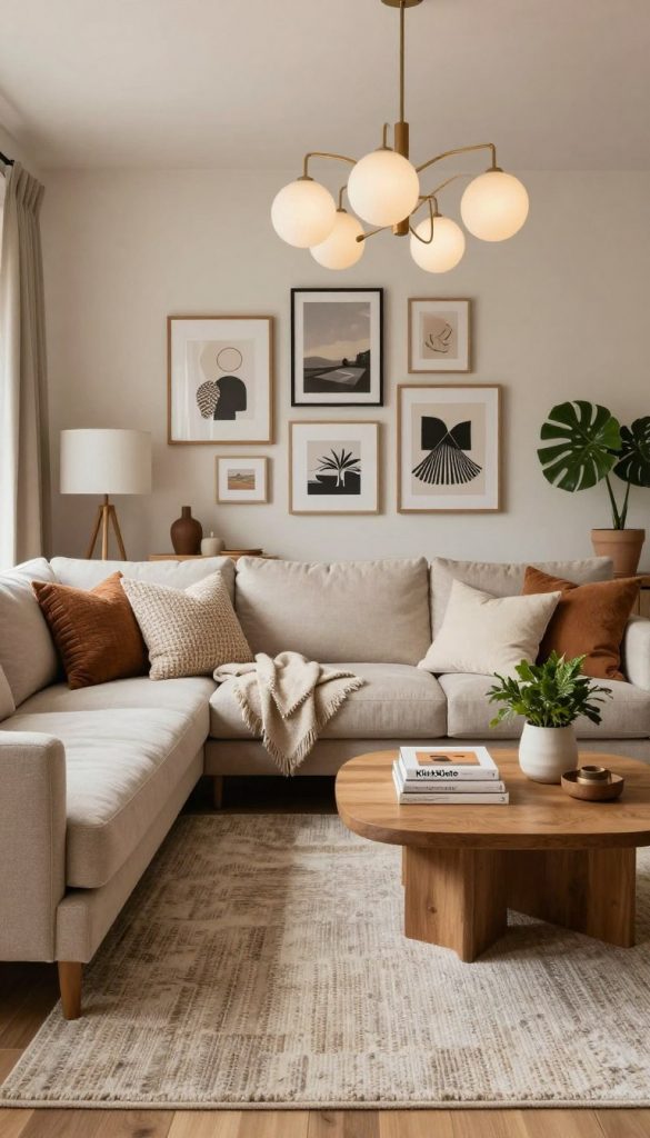A beautifully styled living room makeover scene featuring warm, inviting colors, inspired by trendy DIY aesthetics. In the foreground, a cozy sectional sofa adorned with textured throw pillows and a soft blanket invites relaxation, while a stylish coffee table displays a stack of home decor books and a decorative plant. In the middle, a chic area rug defines the space, beneath a modern chandelier casting soft, ambient light. The background showcases a stylish gallery wall filled with eclectic artwork, creating a Pinterest-worthy atmosphere. Elements of natural materials, like wooden accents and potted greenery, add an authentic touch. The overall mood is inspiring and inviting, reflecting approachable design trends. The brand "KlickKiste" integrates seamlessly into the decor, staying true to contemporary aesthetic principles.