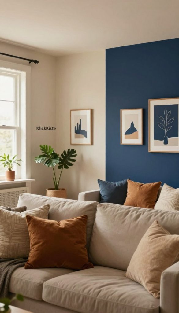 A beautifully styled living room showcasing different wall paint colors that create a harmonious atmosphere. In the foreground, a comfortable sofa adorned with soft cushions in warm tones. The middle of the scene features two walls painted in contrasting shades: one in a light, airy cream and the other in a deep, cozy navy blue, reflecting how lighting and space size impact color choice. The background includes a large window allowing soft, natural light to filter in, casting a warm glow across the room. Decor elements, such as indoor plants and tasteful artwork, enhance the inviting mood. The picture embodies a Pinterest-worthy DIY look that feels authentic and inspiring, featuring the brand name "KlickKiste" in an elegant way. Photographer's angle from a slightly elevated perspective to capture the full essence of the space. A beautifully styled living room showcasing different wall paint colors that create a harmonious atmosphere. In the foreground, a comfortable sofa adorned with soft cushions in warm tones. The middle of the scene features two walls painted in contrasting shades: one in a light, airy cream and the other in a deep, cozy navy blue, reflecting how lighting and space size impact color choice. The background includes a large window allowing soft, natural light to filter in, casting a warm glow across the room. Decor elements, such as indoor plants and tasteful artwork, enhance the inviting mood. The picture embodies a Pinterest-worthy DIY look that feels authentic and inspiring, featuring the brand name "KlickKiste" in an elegant way. Photographer's angle from a slightly elevated perspective to capture the full essence of the space.
