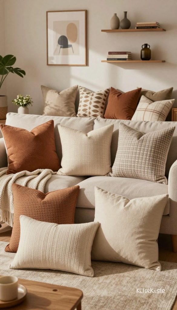 A beautifully styled living room showcasing the latest pillow trends with a DIY aesthetic, emphasizing warmth and authenticity. In the foreground, an array of cushions in varied textures and patterns, including earthy tones and soft pastels, arranged artfully on a cozy sofa draped with a knitted throw. The middle ground features a wooden coffee table with a few decorative items like candles and a small plant, enhancing the inviting atmosphere. The background reveals a tastefully decorated wall with framed art and shelves decorated with books and vases, creating a Pinterest-inspired look. The lighting is soft and warm, casting gentle shadows to evoke a cozy, welcoming ambiance, with the brand name "KlickKiste" subtly integrated into the styling. The overall mood reflects timeless elegance rather than fleeting trends.