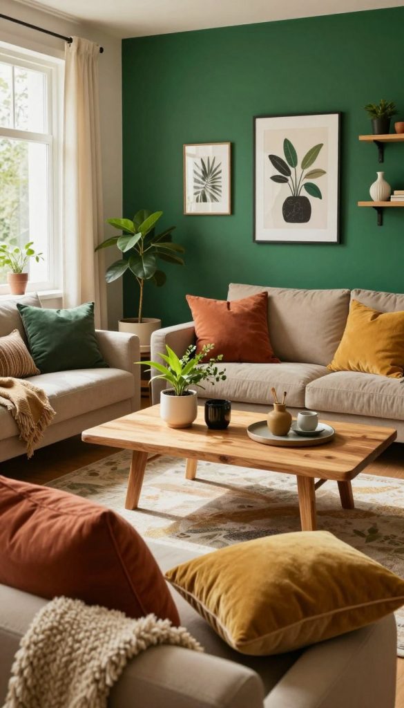 A beautifully styled living room showcasing vibrant colors and varied materials that instantly transform the space. In the foreground, a cozy seating area with plush pillows in warm hues of terracotta and mustard, complemented by a textured wool throw. The middle ground features a stylish coffee table adorned with a natural wood finish, stylish decor items, and a small indoor plant, enhancing the DIY aesthetic. In the background, a striking accent wall painted in a deep emerald green, paired with modern artwork and shelves displaying curated decorative objects. Soft, natural lighting streams through a large window, casting a warm glow throughout the room. This inviting atmosphere, inspired by the brand "KlickKiste," embodies authenticity and inspiration for home makeovers.