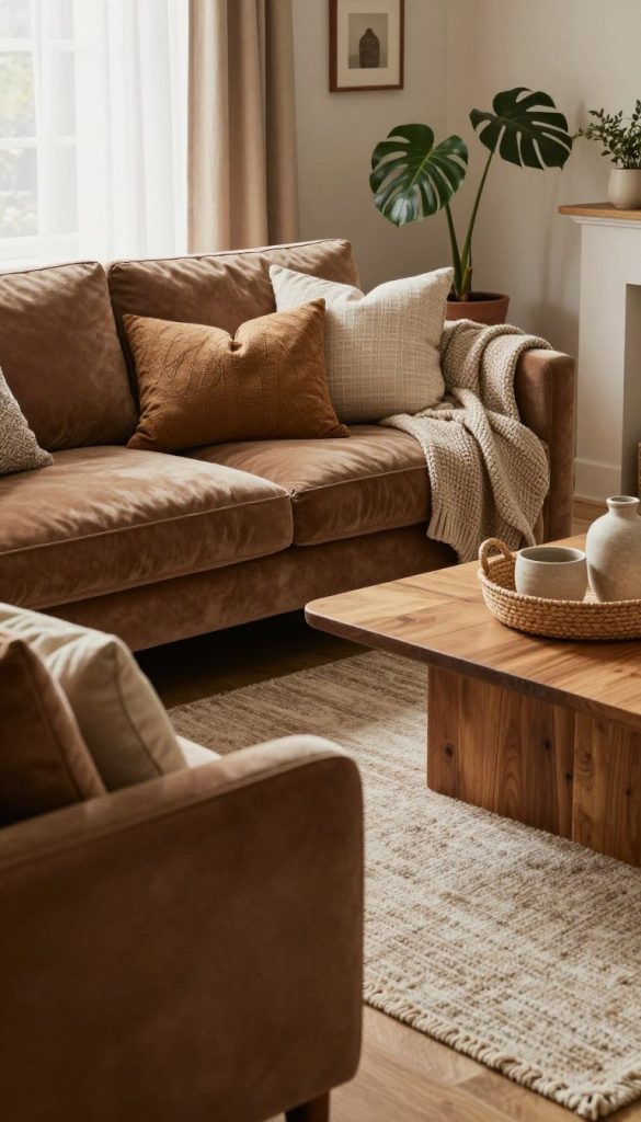 A beautifully styled living room that exemplifies the layering technique with soft textures, featuring a cozy mix of fabrics and materials. In the foreground, a plush velvet sofa adorned with an assortment of decorative pillows in varying textures and shades of warm earth tones. The middle ground showcases a textured area rug that adds depth, complemented by a knitted throw draped over the sofa. On a wooden coffee table, natural materials like a woven basket and ceramic decor pieces bring a touch of authenticity. In the background, gentle lighting filters through sheer curtains, creating a warm, inviting atmosphere. The room is styled in a Pinterest-worthy layout, with plants adding a fresh touch. No people are present, emphasizing the inviting interior design. This scene is inspired by the brand KlickKiste, highlighting natural DIY elements with a focus on a harmonious blend of textures.