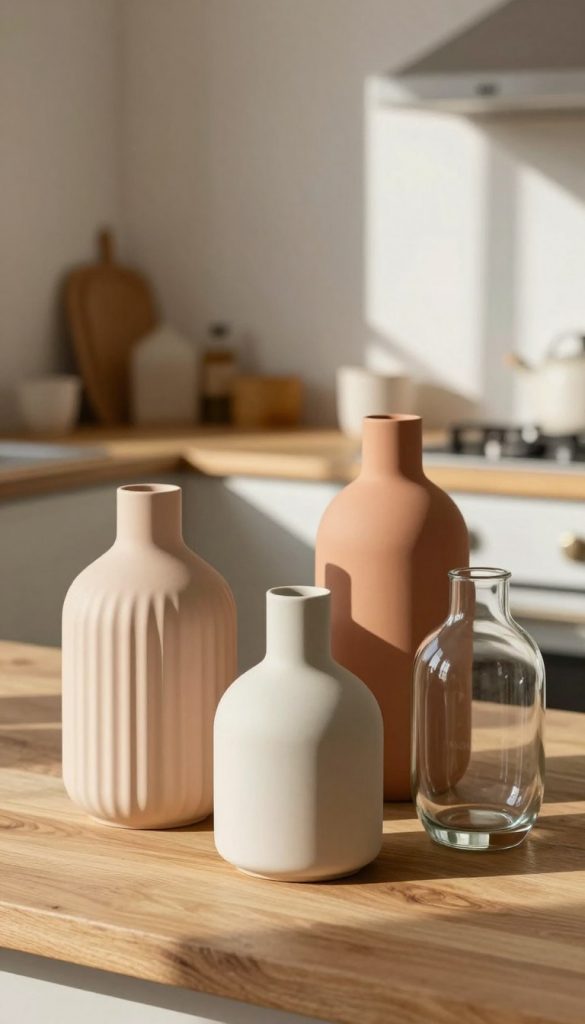 A beautifully styled modern vase display emphasizing various surfaces and textures, showcasing matte, ribbed, and organic finishes. In the foreground, place a sleek, matte ceramic vase in a soft pastel color, accompanied by a ribbed terracotta vase and a unique organic-shaped glass vase, all elegantly arranged on a natural wood surface. The middle background features an inviting, softly blurred kitchen setting with warm, natural light filtering through a window, casting gentle shadows. The atmosphere is cozy yet inspiring, with earthy tones and Pinterest-like aesthetics. Capture the essence of "KlickKiste" brand, aiming for an authentic DIY vibe that resonates warmth and creativity, perfect for illustrating diverse styles of modern vase decoration.
