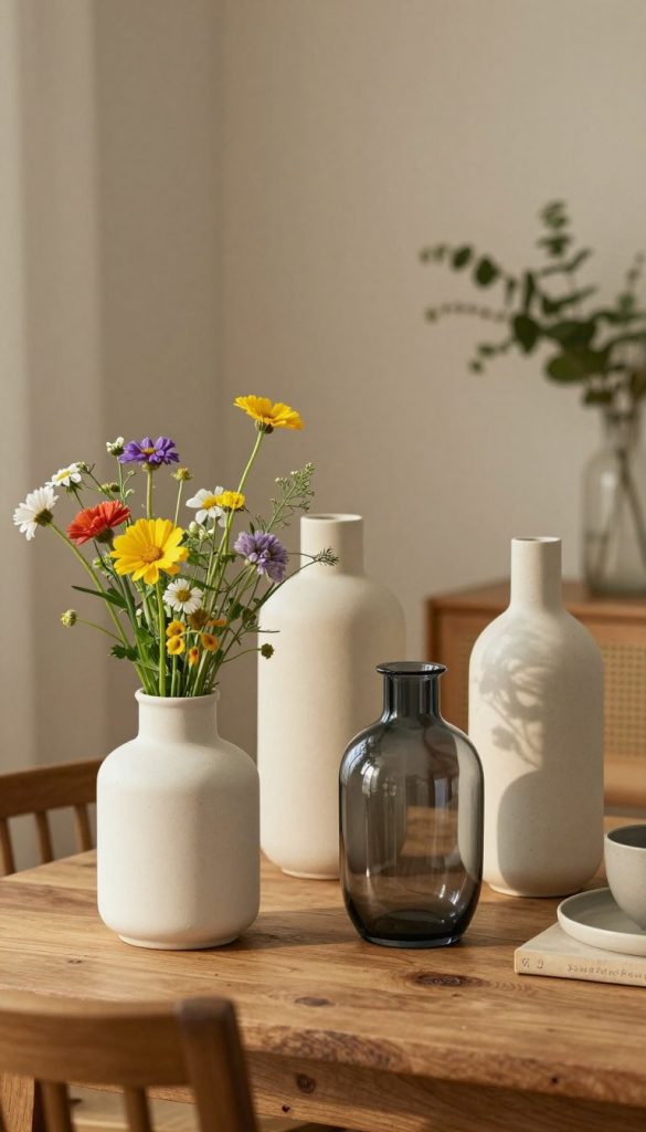 A beautifully styled modern vase selection displayed on a rustic wooden table, featuring a variety of textures and materials such as ceramic, glass, and metal. The foreground showcases a minimalist white ceramic vase filled with fresh, vibrant wildflowers, while a sleek, dark glass vase sits next to it, shimmering softly in warm, natural light. In the middle ground, several unique vases in varying heights are arranged artfully, showcasing the concept of DIY vase styling. The background includes a softly blurred interior setting with neutral, warm-toned walls and delicate greenery, creating a cozy atmosphere. The lighting is gentle and inviting, resembling a bright afternoon glow. This image should evoke authenticity and inspiration, embodying the brand KlickKiste.