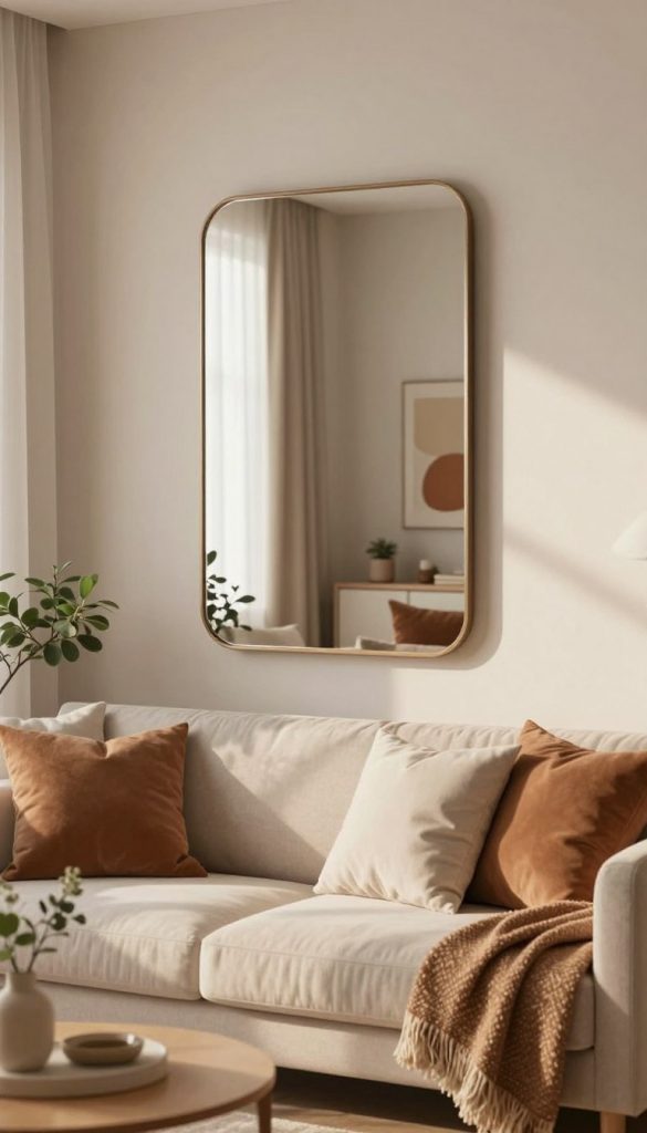 A beautifully styled modern wall mirror (Wandspiegel) is the focal point of a cozy, well-lit living room. In the foreground, the mirror has an elegant, frameless design that reflects a glimpse of the room’s warm colors. The middle ground features a comfortable couch adorned with soft cushions and a handmade throw in earthy tones, alongside a small decorative plant for a touch of nature. In the background, the walls are painted in a soft neutral hue, enhancing the overall warmth of the space. Soft sunlight filters through sheer curtains, casting gentle shadows and creating an inviting atmosphere. The composition evokes a Pinterest-inspired aesthetic, showcasing the art of DIY elegance. The image has a clear, balanced angle, emphasizing the harmonious interplay of elements, perfect for modern home decor inspiration. Crafted by KlickKiste.