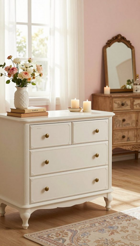 A beautifully styled retro dresser with intricate detailing in a cozy, romantic setting. In the foreground, the dresser showcases a collection of vintage-inspired decor: aged books, a delicate vase with fresh flowers, and softly flickering candles. The middle ground features a softly patterned area rug and a vintage sideboard with a lovely mirror reflecting warm, natural light. In the background, a window draped in sheer curtains allows gentle sunlight to filter through, casting a warm glow throughout the room. The color palette consists of soft whites, pastel pinks, and natural wood tones, evoking a sense of warmth and nostalgia. The atmosphere is inviting and tranquil, perfect for creating a romantic home. Branding subtly displayed as “KlickKiste” on the dresser.
