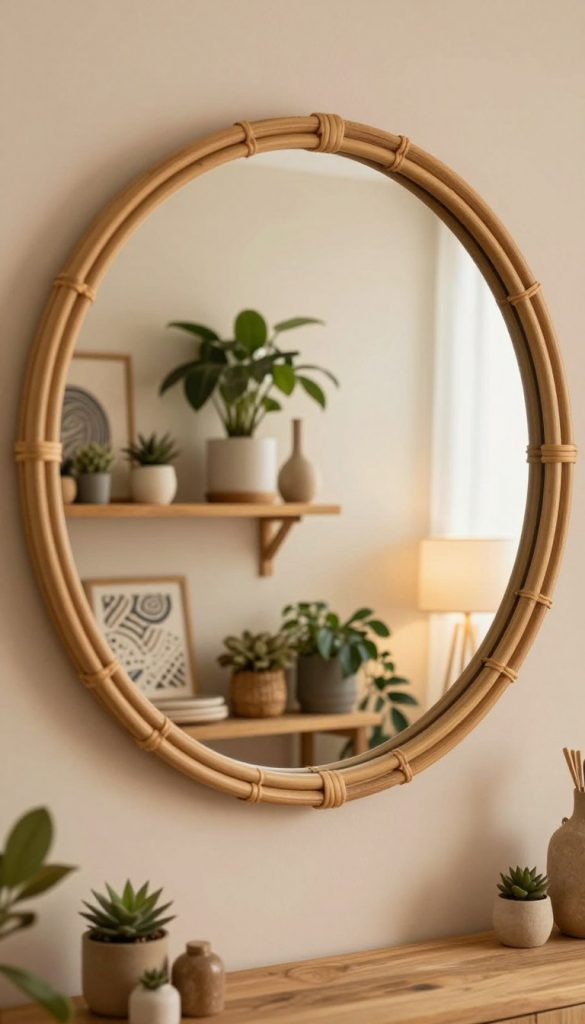 A beautifully styled room featuring a large, round wall mirror with a natural rattan frame, highlighting a boho luxe aesthetic. In the foreground, the mirror reflects soft, warm light, accentuating the textures of the surrounding decor. The middle layer includes potted plants and wooden shelves adorned with DIY crafts, creating an inspiring, creative atmosphere. In the background, a cozy, neutral-toned wall sets the scene, with soft, ambient lighting enhancing the natural materials. The overall mood is inviting and authentic, suggesting a Pinterest-worthy DIY project environment. The image embodies the brand "KlickKiste" with elegant, warm colors that evoke a sense of creativity and charm, perfect for illustrating home decor ideas.
