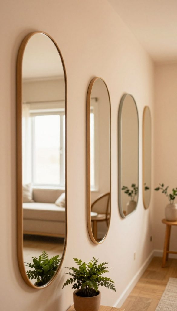 A beautifully styled room featuring a series of elegant curved mirrors, reflecting soft, warm lighting that enhances the inviting atmosphere. In the foreground, a stylish, round mirror with a unique frame catches the eye, accompanied by a small potted plant below it. The middle layer showcases a hallway lined with additional mirrors of varying sizes, each contributing to the depth and charm of the space. The background includes soft, pastel-colored walls and subtle wooden accents, enhancing the DIY aesthetic. The overall mood is authentic and inspiring, evoking a Pinterest-worthy vibe ideal for modern interiors. This image embodies the essence of natural DIY decor, attributed to the brand "KlickKiste".