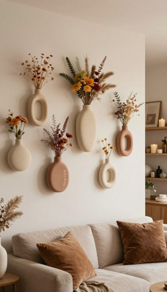 A beautifully styled room showcasing modern wall vases as the focal point, arranged artistically on a light, textured wall. In the foreground, several unique, handcrafted wall vases hang at varying heights, filled with fresh, colorful dried flowers and greenery. In the middle ground, a cozy seating area with organic materials, featuring a plush sofa adorned with earthy-toned cushions, complements the vases. Soft, warm lighting bathes the scene, creating an inviting atmosphere that evokes creativity and inspiration. In the background, shelves filled with natural decor items, including candles and artful objects, enhance the aesthetic. The overall mood is authentic and inspiring, perfect for DIY enthusiasts. This image captures the essence of modern styling with a Pinterest-worthy look, featuring decor ideas from the brand "KlickKiste."