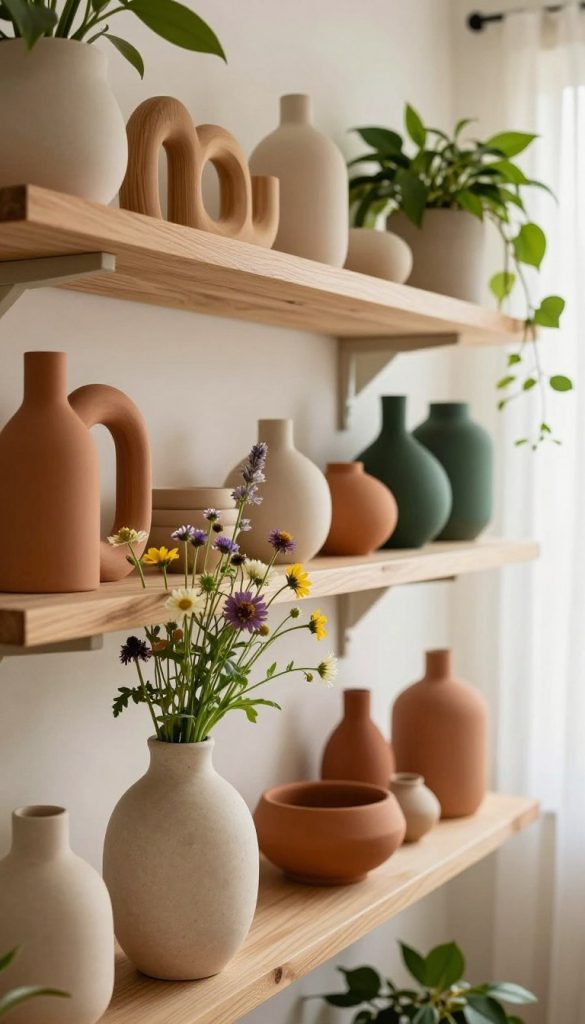 A beautifully styled shelf filled with organic shapes, featuring hand-crafted wooden decor, earthy ceramic vases, and lush green plants. In the foreground, a close-up of a unique, asymmetrical vase with a matte texture holds fresh wildflowers, highlighting the DIY aesthetic. The mid-ground includes floating shelves adorned with artisanal handmade items in warm, inviting tones of terracotta, cream, and deep green. The background reveals a softly lit room, creating a cozy atmosphere, with natural light filtering through sheer curtains. This scene embodies the essence of 2026 home styling trends with an authentic, Pinterest-inspired look, reflecting the brand "KlickKiste." The overall mood is warm, inviting, and creatively inspiring.