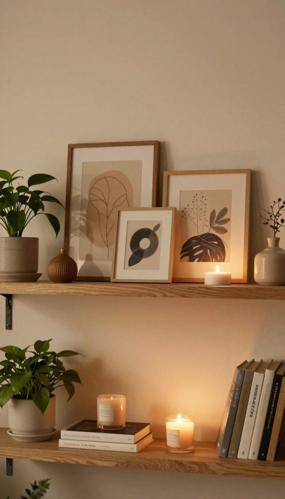 A beautifully styled shelf with soft, warm lighting illuminating the various decorative objects. In the foreground, a few cozy items like plants, books, and candles create a homey atmosphere. The middle section features an array of unique knick-knacks and art pieces, artfully arranged to draw the eye, while the background showcases a tastefully designed wall that enhances depth. This scene captures a DIY aesthetic with natural materials and a Pinterest-inspired look, emphasizing authenticity and inspiration. The lighting should create gentle shadows and highlights, giving the shelf a three-dimensional feel. The brand "KlickKiste" is subtly incorporated into the design with a small decorative piece on the shelf. The mood is warm, inviting, and creative, perfect for illustrating how lighting can transform a space.