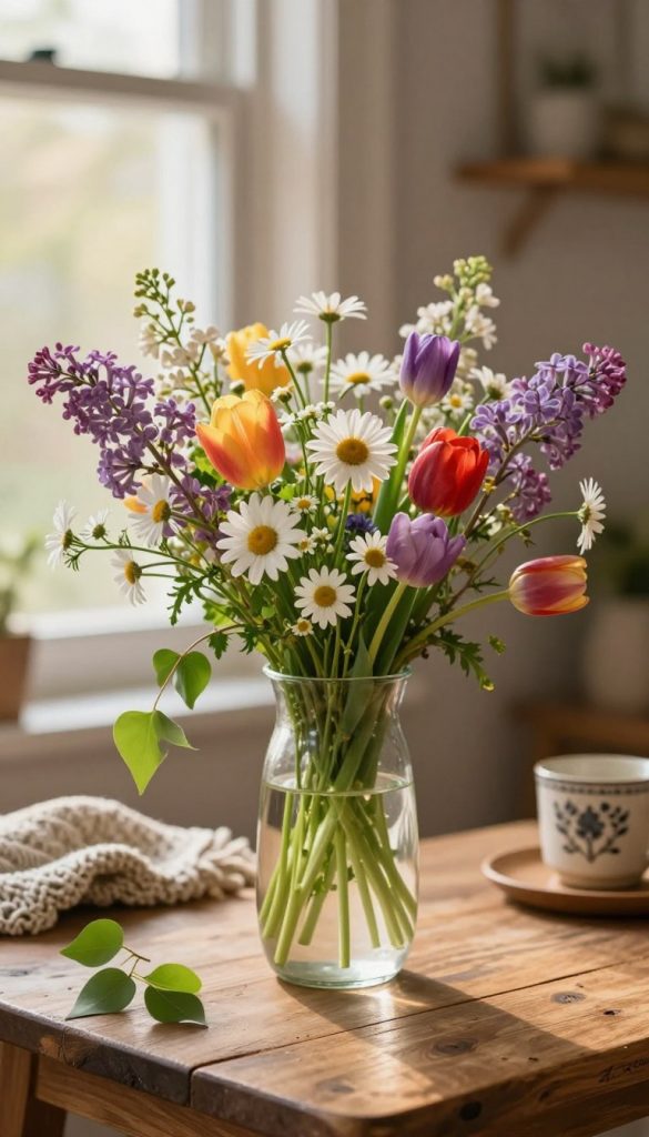 A beautifully styled spring vase made of clear glass, filled with colorful wildflowers like daisies, tulips, and lilacs. The vase should be placed on a rustic wooden table, showcasing a cozy, inviting vibe. In the foreground, include delicate green leaves cascading gently from the arrangement. In the middle, a softly glowing light filters through a nearby window, casting warm, golden tones that enhance the colors of the flowers. The background should be softly blurred, featuring subtle hints of home decor like a knitted blanket and a charming ceramic mug, evoking a cozy atmosphere. The overall composition should be inspired by a Pinterest aesthetic, emphasizing natural DIY beauty. Include branding from "KlickKiste" discreetly integrated into the decor elements, creating an authentic and inspirational scene.