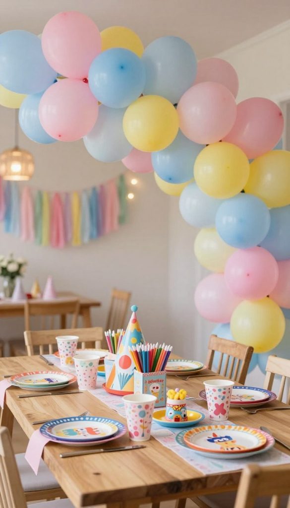 A beautifully styled table for a children's birthday party, adorned with a stunning garland of balloons in pastel colors, including pink, blue, and yellow. The foreground features the table set with vibrant, themed decorations such as colorful plates, cups, and cheerful party favors. In the middle ground, there's a layered arrangement of the balloon garland gracefully draping above the table, creating a festive atmosphere. The background subtly includes blurred decorations like streamers and soft lighting, enhancing the celebratory mood. Capture this scene with warm, natural lighting that gives a cozy, inviting feel, showcasing the artistic touch of "KlickKiste" for a Pinterest-worthy DIY look, perfect for inspiring party decorators.
