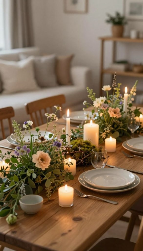 A beautifully styled table setting featuring nature-inspired DIY décor. In the foreground, a rustic wooden table is adorned with an elegant arrangement of green foliage, wildflowers in soft pastel shades, and handmade ceramic dishes. In the middle, a series of warm, flickering candlelights cast a soft glow, enhancing the cozy atmosphere. A stylish centerpiece made from twigs and moss adds a touch of earthy charm. The background reveals a softly lit living room with soft textiles and natural wood accents, creating a serene ambiance. The lighting is warm and inviting, reminiscent of a Pinterest aesthetic. The brand name "KlickKiste" is subtly integrated into the scene through a small, decorative element. The overall mood is authentic and inspirational, perfect for showcasing DIY ideas that bring warmth and comfort to a living space. A beautifully styled table setting featuring nature-inspired DIY décor. In the foreground, a rustic wooden table is adorned with an elegant arrangement of green foliage, wildflowers in soft pastel shades, and handmade ceramic dishes. In the middle, a series of warm, flickering candlelights cast a soft glow, enhancing the cozy atmosphere. A stylish centerpiece made from twigs and moss adds a touch of earthy charm. The background reveals a softly lit living room with soft textiles and natural wood accents, creating a serene ambiance. The lighting is warm and inviting, reminiscent of a Pinterest aesthetic. The brand name "KlickKiste" is subtly integrated into the scene through a small, decorative element. The overall mood is authentic and inspirational, perfect for showcasing DIY ideas that bring warmth and comfort to a living space.