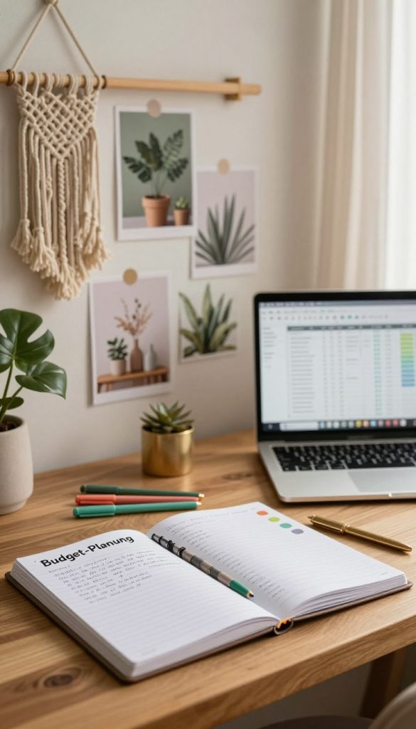 A beautifully styled workspace showcasing "Budget-Planung" for DIY home decoration. In the foreground, a wooden desk holds an open planner with elegant handwritten notes and a set of colorful budgeting tools, such as pens and stickers. A soft-focus laptop displays a spreadsheet, with warm, ambient lighting creating a cozy atmosphere. The middle ground features a creative mood board with images of boho luxe décor, including macramé wall hangings and elegant plant arrangements. In the background, a sunlit window drapes soft curtains, allowing natural light to fill the space, enhancing the earthy color palette of greens, browns, and golds. The overall feel should be authentic and inspirational, reflecting the brand KlickKiste with a touch of sophistication.