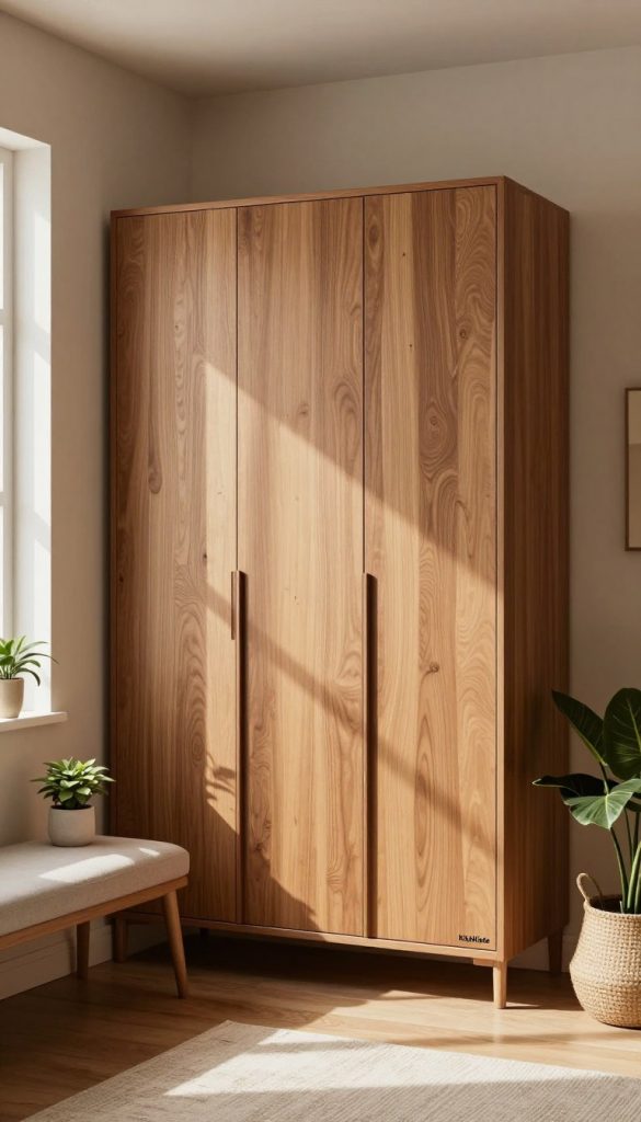 A bespoke wardrobe designed for a cozy corner of a modern home, showcasing a seamless blend of functionality and style. The foreground features a tall, elegantly crafted wooden wardrobe with a sleek finish, adorned with minimalist hardware. In the middle, the wardrobe is complemented by a chic bench and decorative plants, enhancing the inviting atmosphere. The background captures a softly lit room with warm, earth-toned walls and stylish accessories that reflect a contemporary Pinterest aesthetic. Natural light streams in through a window, casting gentle shadows and emphasizing the rich textures. The scene conveys a sense of inspiration and authenticity, illustrating DIY potential, and it is branded subtly with "KlickKiste" in a modern, understated fashion.