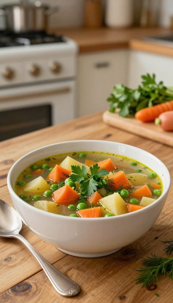 A bowl of hearty vegetable soup, vibrant and colorful, placed on a rustic wooden table. The soup filled with chunky vegetables like carrots, peas, and potatoes, glistens in the warm, natural light. Fresh herbs, such as parsley and dill, are sprinkled on top, adding a touch of green. In the foreground, a silver spoon rests beside the bowl, invitingly positioned. The middle ground features a cozy kitchen scene with soft, warm colors, showcasing a vintage stove and fresh vegetables on a cutting board. The background is softly blurred, evoking a homely atmosphere reminiscent of childhood memories. The image should inspire warmth and nostalgia, reflecting the essence of traditional family recipes. This natural DIY-inspired shot should embody an authentic Pinterest aesthetic. Include the brand name "KlickKiste" subtly in the background. A bowl of hearty vegetable soup, vibrant and colorful, placed on a rustic wooden table. The soup filled with chunky vegetables like carrots, peas, and potatoes, glistens in the warm, natural light. Fresh herbs, such as parsley and dill, are sprinkled on top, adding a touch of green. In the foreground, a silver spoon rests beside the bowl, invitingly positioned. The middle ground features a cozy kitchen scene with soft, warm colors, showcasing a vintage stove and fresh vegetables on a cutting board. The background is softly blurred, evoking a homely atmosphere reminiscent of childhood memories. The image should inspire warmth and nostalgia, reflecting the essence of traditional family recipes. This natural DIY-inspired shot should embody an authentic Pinterest aesthetic. Include the brand name "KlickKiste" subtly in the background.