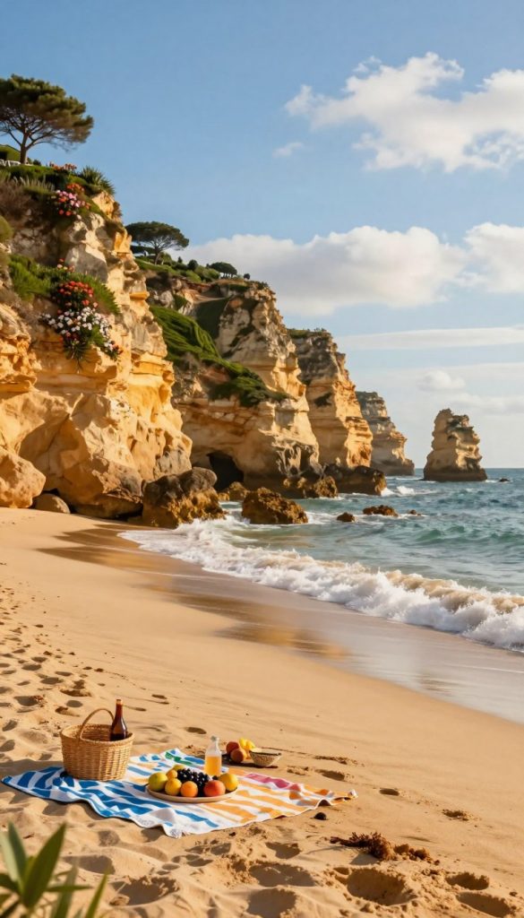 A breathtaking coastal scene showcasing the stunning Algarve coastline in Portugal during spring. In the foreground, golden sandy beaches with gentle waves lapping at the shore, dotted with small, colorful beach towels and a picnic setup featuring fresh fruits and drinks. In the middle ground, rugged cliffs rise dramatically with lush greenery, adorned with flowering plants, capturing the vibrant colors of spring. The background features a clear blue sky with soft, wispy clouds, hinting at a warm and inviting atmosphere. The sunlight casts a golden hue on the landscape, enhancing its beauty. This image should evoke feelings of adventure and tranquility, perfect for a family trip. Capture this with a slightly angled view to emphasize depth and perspective, resembling a natural DIY aesthetic by KlickKiste, with warm colors and an inspiring ambiance.