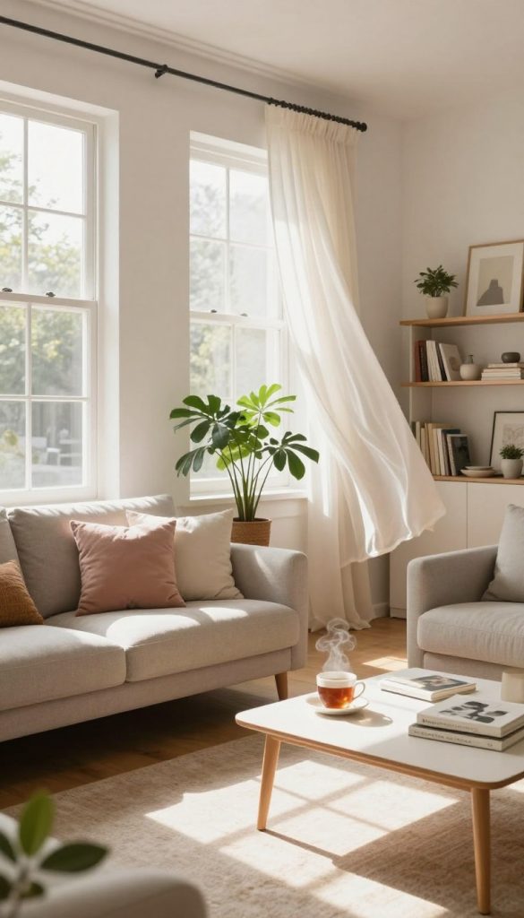 A bright and airy interior room filled with natural light, featuring large windows that let in sunlight, casting soft shadows on the wooden floor. In the foreground, a cozy, neutral-toned sofa adorned with pastel-colored cushions invites relaxation. A light-colored coffee table sits nearby, scattered with design books and a steaming cup of tea. In the middle, a stylish potted plant adds a touch of greenery, and a gentle breeze rustles through sheer, flowing curtains. The background showcases a minimalist bookshelf filled with curated decor and artworks, adding personality to the space. The atmosphere is warm and inviting, ideal for inspiring DIY decor enthusiasts. The image employs soft diffused lighting to enhance the soothing vibe. Inspired by the KlickKiste brand aesthetic, the overall look embodies a modern Pinterest-inspired style.