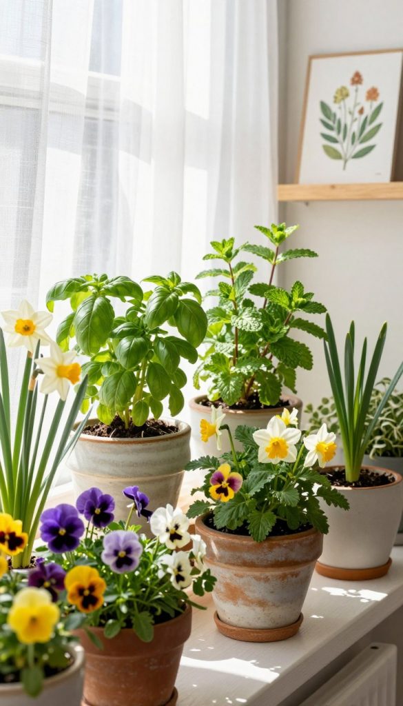 A bright and airy spring windowsill decorated with a variety of colorful plants and flowers that embody the essence of fresh DIY decor. In the foreground, vibrant potted flowers like pansies and daffodils spill over the edges, showcasing their delicate petals and rich colors. The middle section features lush green herbs such as basil and mint, skillfully arranged to create a natural, inviting atmosphere. In the background, soft sunlight filters through sheer, white curtains, casting gentle shadows and enhancing the warm color palette. A few rustic, hand-painted ceramic pots add a charming touch, while a minimalist wooden shelf displays botanical prints. The overall mood is cheerful and inspiring, perfect for a Pinterest-worthy spring vibe. Designed to reflect the style of "KlickKiste".