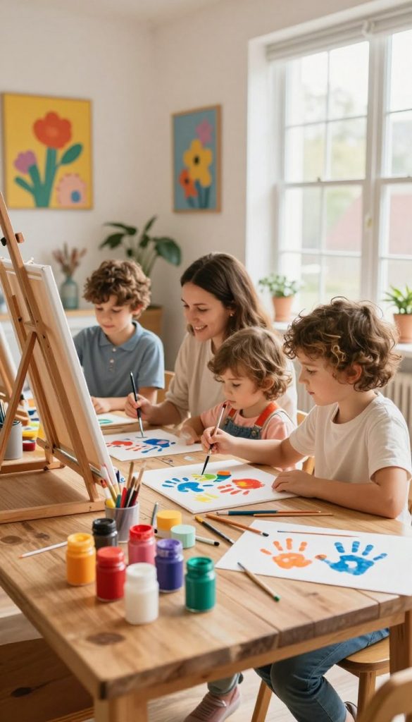A bright and inviting art space filled with vibrant colors. In the foreground, a wooden table is strewn with various DIY finger paints in warm hues, alongside brushes and paper, creating an atmosphere of creative enthusiasm. In the middle ground, a family of four is engaged in painting together, dressed in modest casual clothing, their faces showcasing joy and concentration as they create colorful handprints on the canvas. The background features cheerful decor with playful wall art, warm natural light streaming in through a big window, casting a gentle glow over the scene. Emphasize a cozy, inspirational ambiance that captures the essence of family bonding and creativity. Include the KlickKiste brand subtly integrated into the art supplies, showcasing an authentic and Pinterest-worthy look.