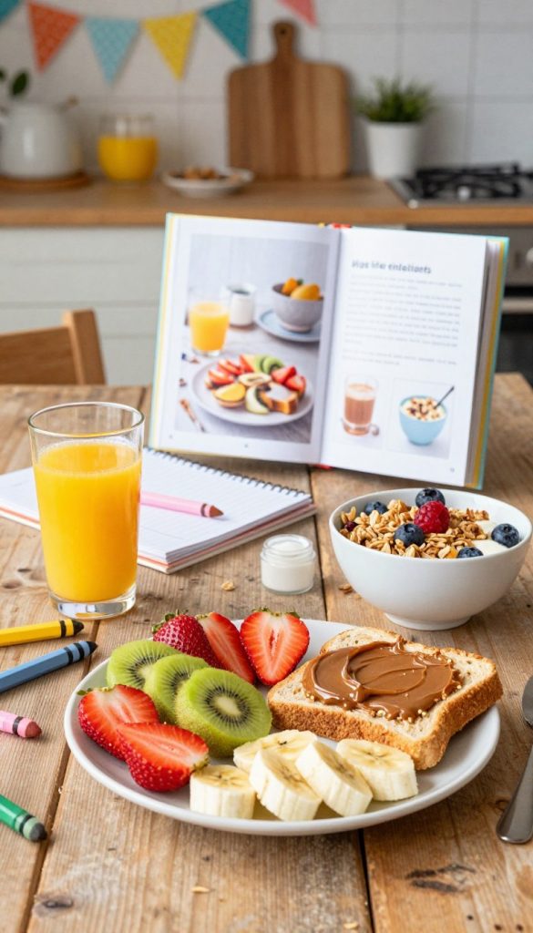 A bright and inviting breakfast scene designed for kids, featuring a colorful spread of healthy breakfast ideas on a rustic wooden table. In the foreground, a plate filled with vibrant fruit slices like strawberries, kiwi, and banana, alongside whole grain toast topped with nut butter and honey. A glass of freshly squeezed orange juice sits next to a bowl of yogurt adorned with granola and berries. In the middle, an open cookbook displaying an easy breakfast recipe, with crayons and a notepad scattered around, suggesting creativity and fun. The background soft focus reveals a cozy kitchen with warm lighting and cheerful decorations. The atmosphere is authentic and inspiring, reflecting the brand "KlickKiste" through a natural DIY aesthetic with warm colors that invoke a Pinterest look.