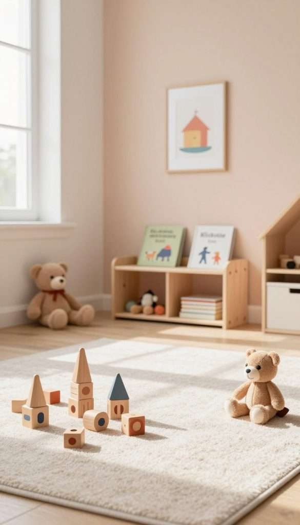 A bright and inviting children's room filled with a curated selection of minimalist toys from "KlickKiste". In the foreground, wooden blocks and soft, plush toys are neatly arranged on a light-colored rug, inviting playful interaction. In the middle, a low bookshelf displays a few carefully chosen children's books, emphasizing simplicity and structure. The background features soft, pastel-colored walls adorned with minimalistic art, creating a calming atmosphere. Natural light streams through a window, casting warm highlights and gentle shadows across the room. The overall mood is cozy, cheerful, and inspiring, reflecting the essence of a well-organized play space that promotes creativity while minimizing chaos.