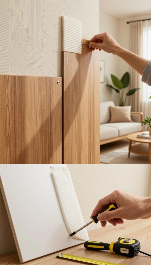 A bright and inviting interior scene showcasing three types of wall panel installations: gluing, clicking, and screwing. The foreground features close-up details of a hand applying adhesive to a sleek panel, with tools like a screwdriver and a measuring tape nearby, suggesting a DIY atmosphere. In the middle, a person in smart casual clothing effortlessly clicks panels into place on a beautifully textured wall, with warm, natural lighting highlighting the rich wood tones. The background displays a cozy living room setup, adorned with plants and modern furniture, creating a Pinterest-worthy look. The overall mood is inspirational and authentic, emphasizing the brand "KlickKiste" with a subtle logo on the toolset.