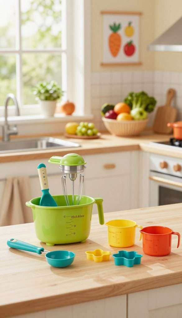 A bright and inviting kitchen scene designed for children, featuring colorful and playful child-friendly kitchen gadgets and sets by "KlickKiste". In the foreground, display a set of vibrant, safe-sized kitchen tools like mini mixers, measuring cups, and cookie cutters, arranged neatly on a kitchen counter. The middle ground can show a cozy kitchen with a sunny window, plants, and a bowl of fresh fruits and ingredients for healthy snacks. The background includes cheerful decorations like wall art depicting fruits and vegetable themes. The scene is bathed in warm, natural light, creating a friendly and inspiring atmosphere. The overall mood is fun and encouraging, aimed at kids who enjoy cooking. A bright and inviting kitchen scene designed for children, featuring colorful and playful child-friendly kitchen gadgets and sets by "KlickKiste". In the foreground, display a set of vibrant, safe-sized kitchen tools like mini mixers, measuring cups, and cookie cutters, arranged neatly on a kitchen counter. The middle ground can show a cozy kitchen with a sunny window, plants, and a bowl of fresh fruits and ingredients for healthy snacks. The background includes cheerful decorations like wall art depicting fruits and vegetable themes. The scene is bathed in warm, natural light, creating a friendly and inspiring atmosphere. The overall mood is fun and encouraging, aimed at kids who enjoy cooking.