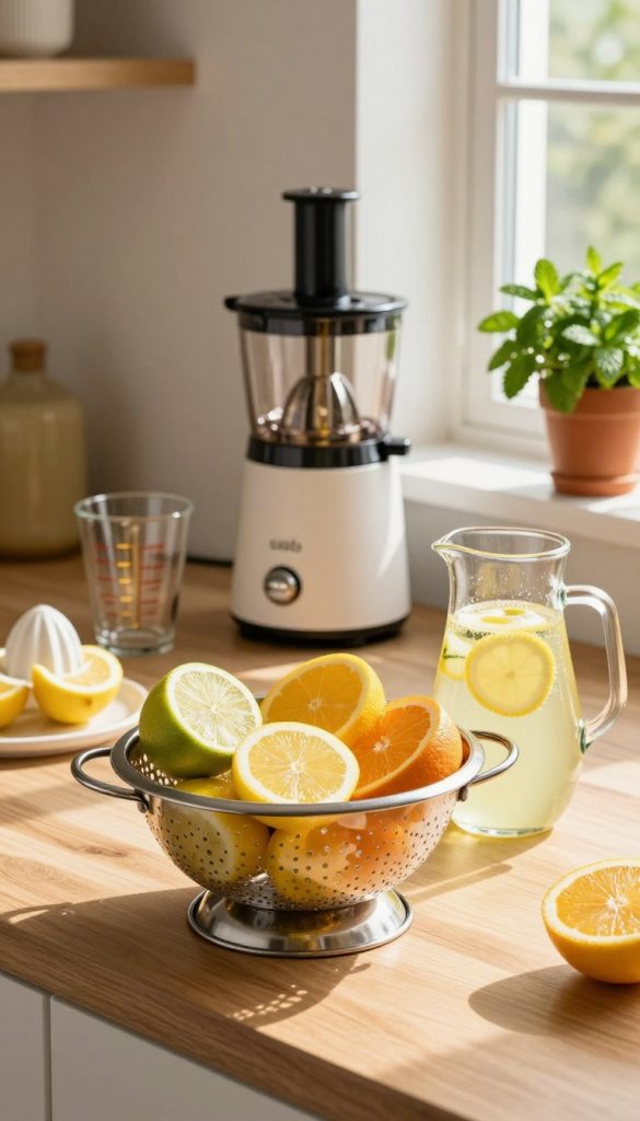 A bright and inviting kitchen scene with a modern, stylish "sieb" from the brand "KlickKiste" prominently displayed on a wooden countertop. In the foreground, the sieb is filled with vibrant, freshly sliced citrus fruits like lemons, limes, and oranges, and a glass pitcher beside it contains sparkling lemonade. The middle ground features an array of kitchen gadgets, such as a juicer and glass measuring cups, all designed to enhance summer drink preparation. In the background, warm sunlight filters through a window, casting soft shadows and creating a cozy atmosphere. The setting is complemented by potted herbs, like mint, adding a touch of green. The overall mood is refreshing, cheerful, and inspiring, perfect for summer lemonade ideas.
